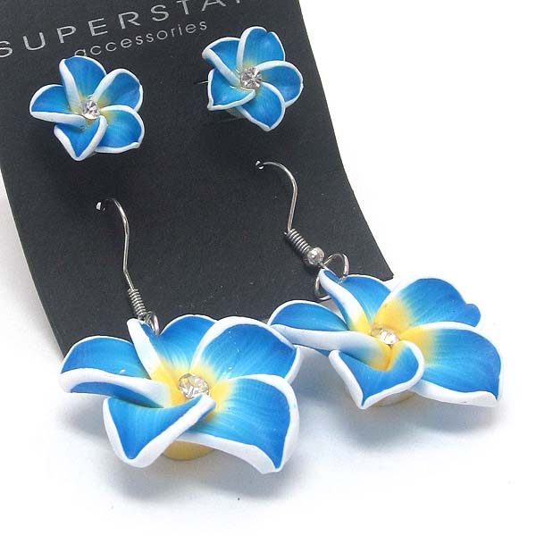 Crystal center hawaiian plumeria flower drop earring