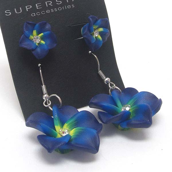 Crystal center hawaiian plumeria flower drop earring