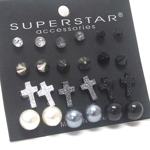Pearl cross spike earring set of 12 mens jewelry