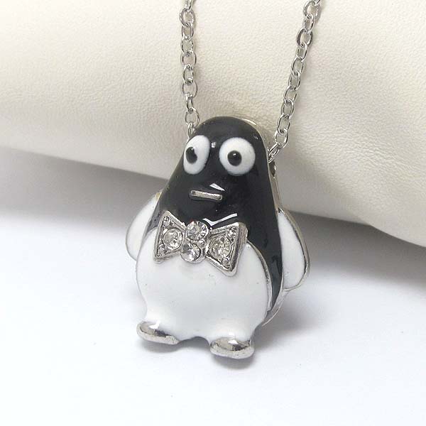 Premier electro plating crystal and epoxy penguin pendant necklace