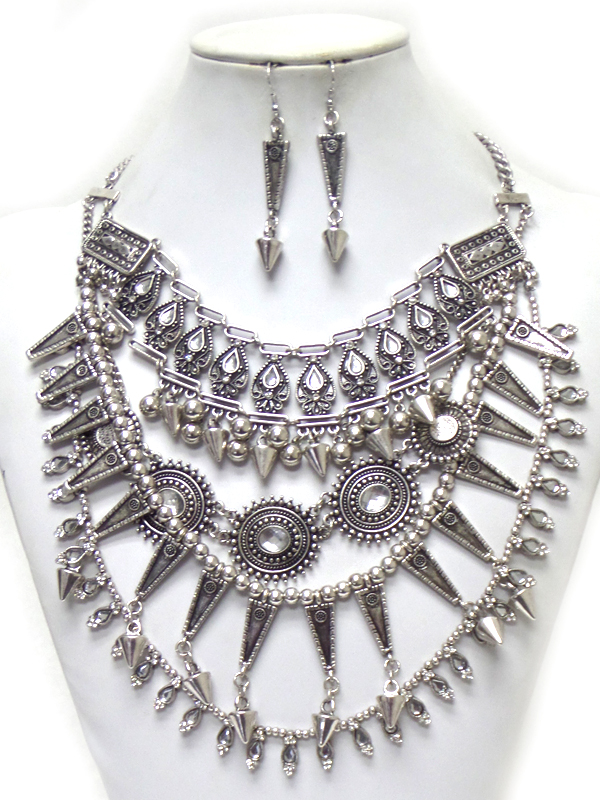 Baroque bold multi layer metals linked with spikes necklace set