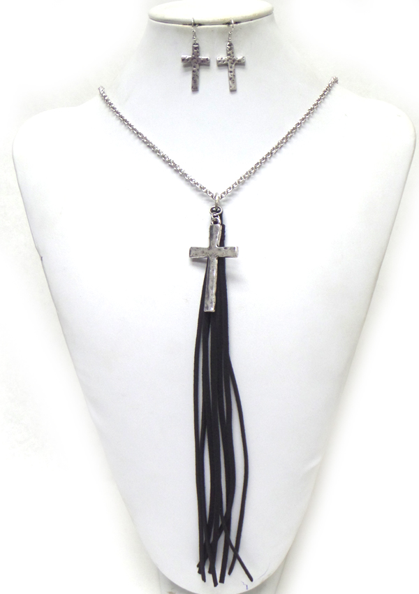 BEADS WITH SUEDE TASSEL AND CROSS DROP NECKLACE SET 