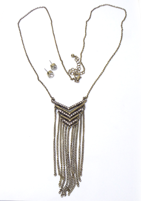 Linked metal and rhinestones with drop necklace set 