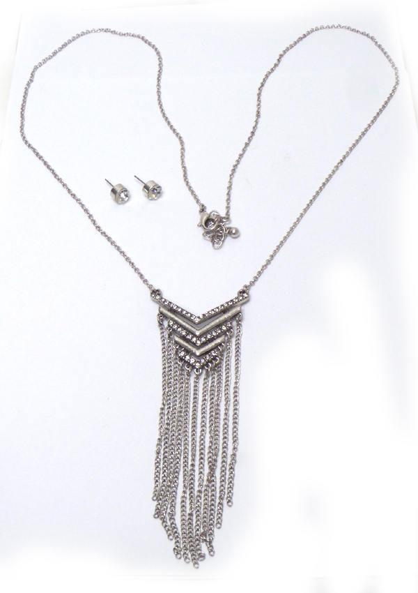 Linked metal and rhinestones with drop necklace set 