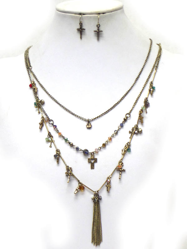 Three layer  multi cross charm necklace set