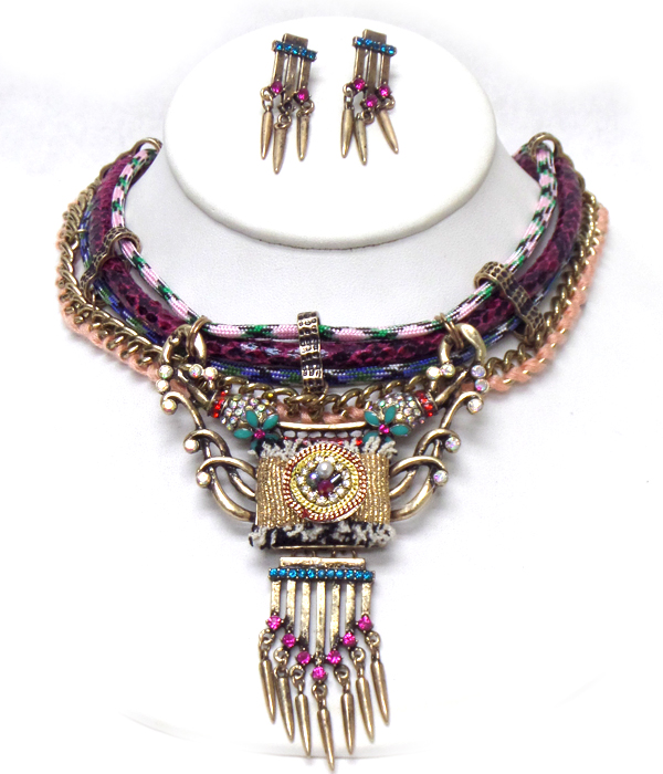4 layer multi designs beads and crystal art deco necklace set