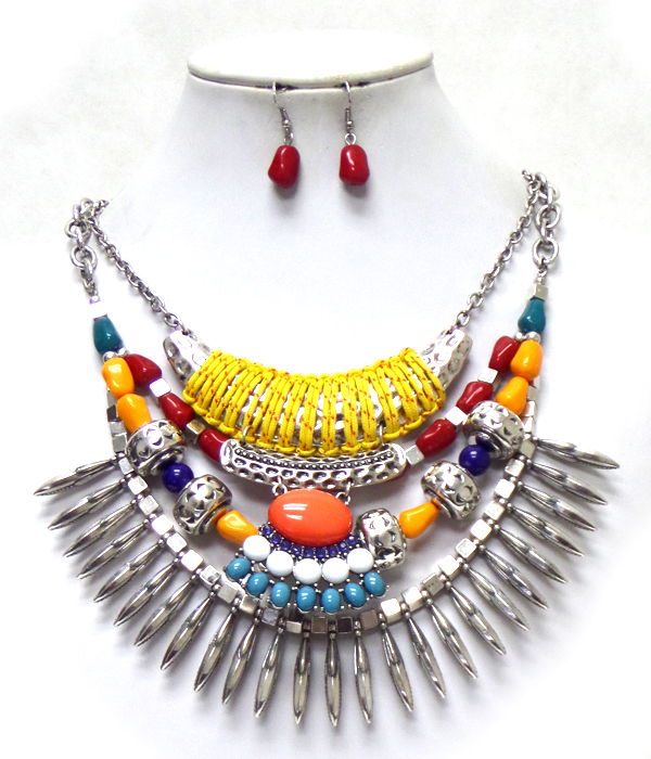 Bold tribal metal 4 layer rope with beads necklace set