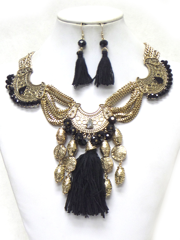 Multi metal bold beads drop with tassel necklace set