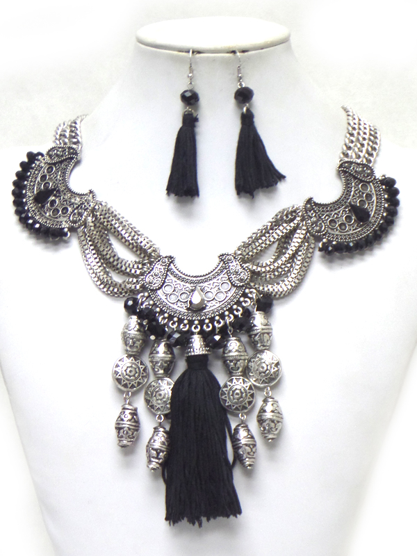 Multi metal bold beads drop with tassel necklace set 