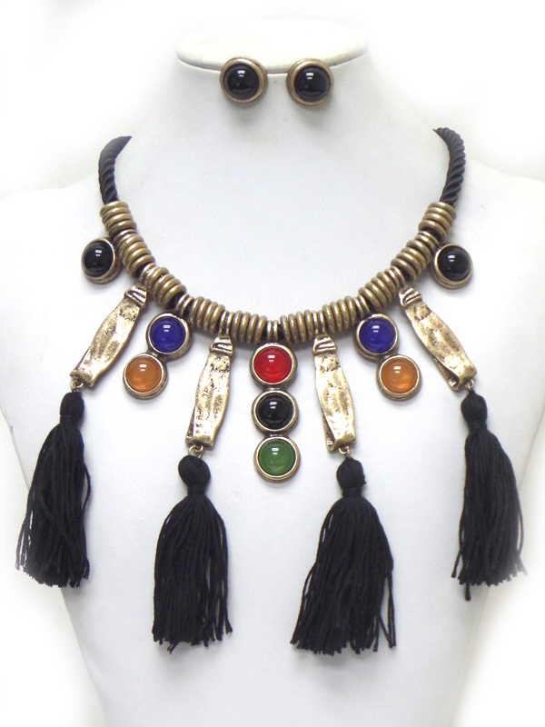 Rope with stones and tassel drop necklace set