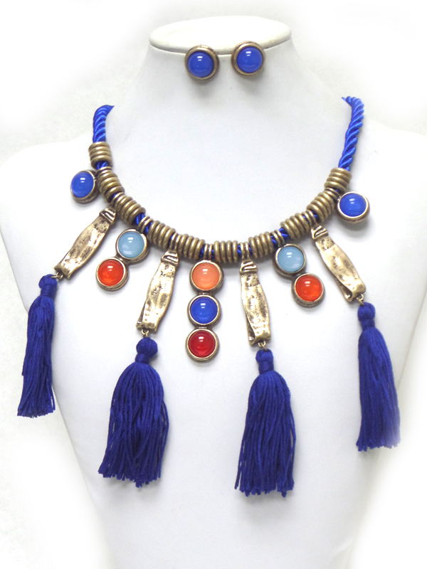 Rope with stones and tassel drop necklace set 