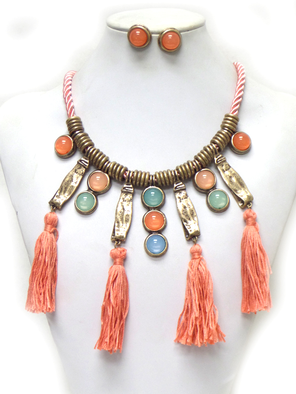 Rope with stones and tassel drop necklace set