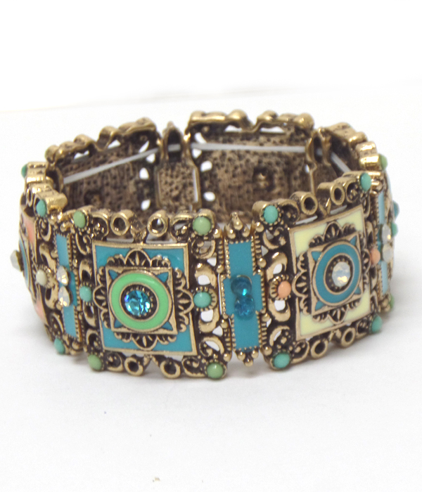 Textured metal crystal and beads art deco stretch bracelet