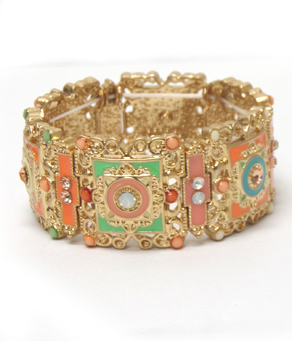 Textured metal crystal and beads art deco stretch bracelet