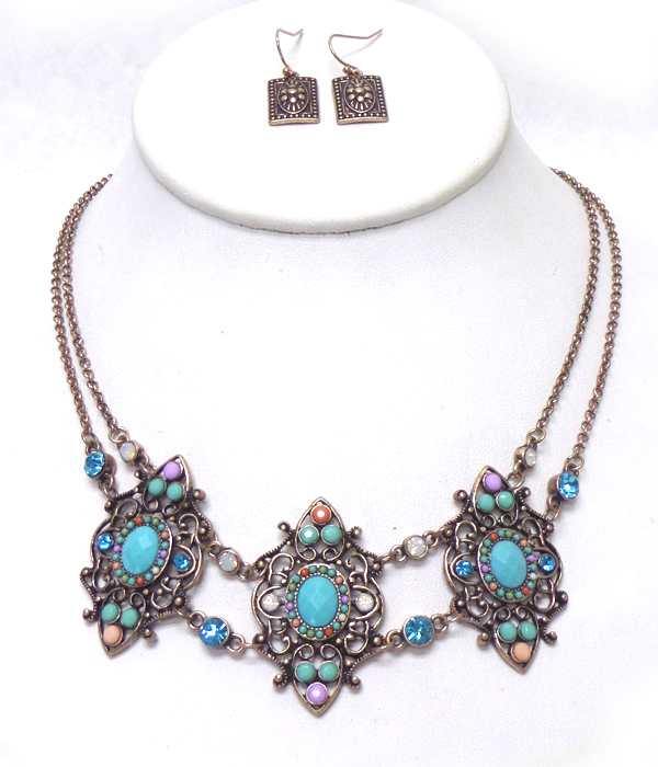 Two layer chain with beads art deco necklace set