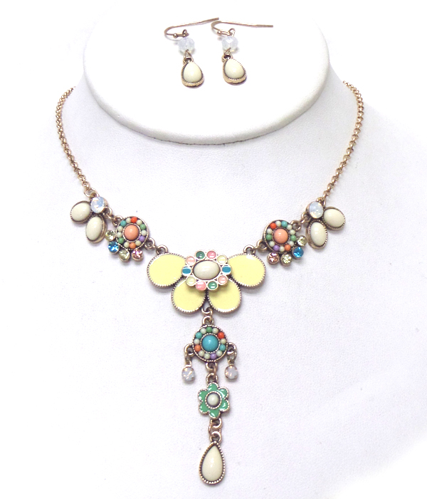 Stones and beads with multi shape flower drop necklace set 
