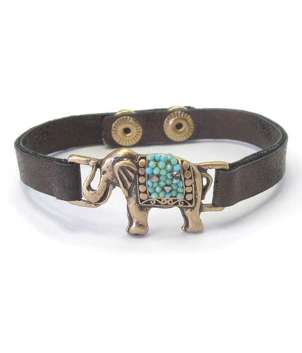 Seedbead elephant and leatherette bracelet