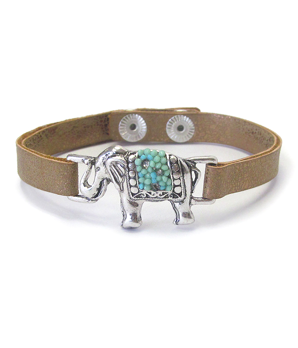 Seedbead elephant and leatherette bracelet