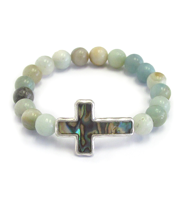 ABALONE CROSS AND GENUINE BALL STRETCH BRACELET