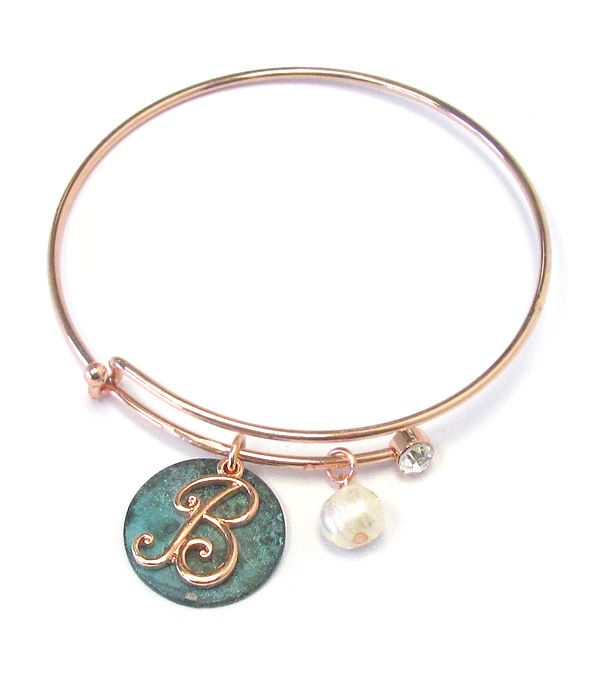 Patina disk and monogram wire bangle bracelet - b