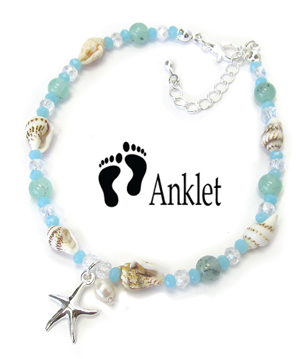 Multi sea glass and shell mix anklet - starfish