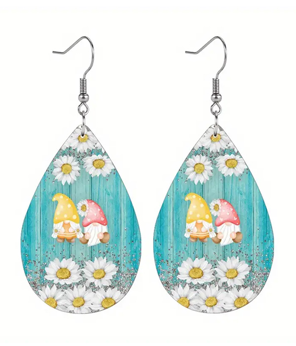 Flower and gnome teardrop leatherette earring