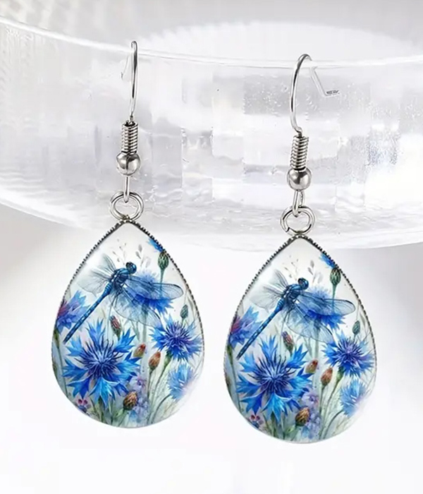 Dragonfly print teardrop earring