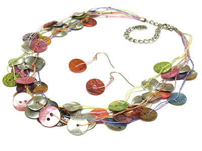 Multi strand dyed shell button necklace and earring set