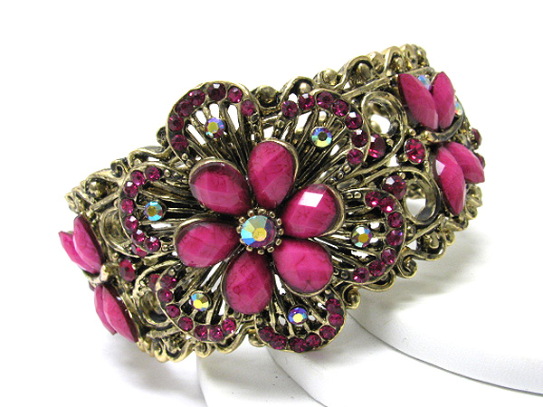 Crystal and acryl deco flower and butterfly accent metal hinge bangle