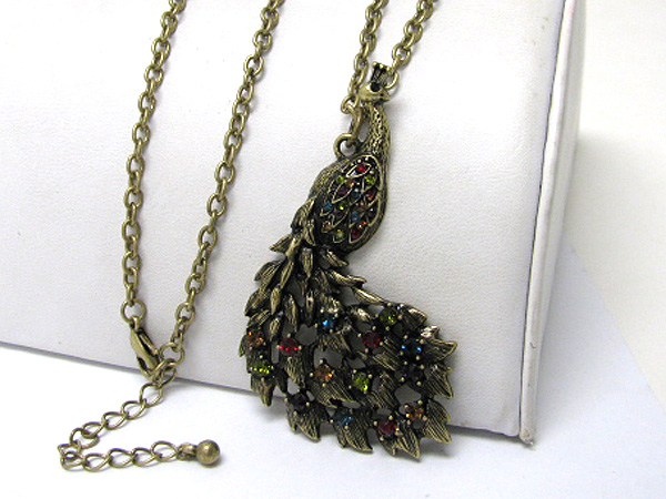 CRYSTAL STUD PEACOCK PENDANT LONG NECKLACE