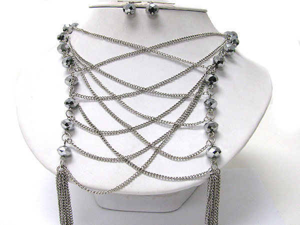 Facet glass stone and chain cross link necklace earring set