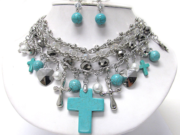 Multi cross and pearl beads dangle multi strand necklace earring set