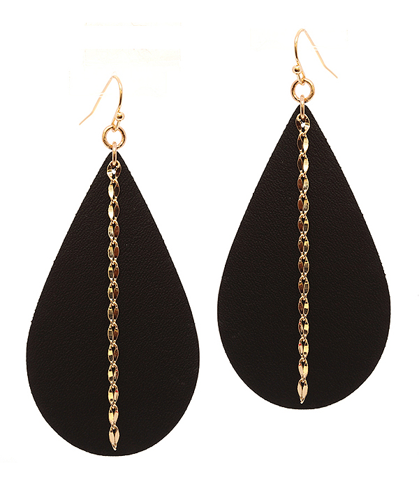 METAL CHAIN AND LEATHERETTE TEARDROP EARRING