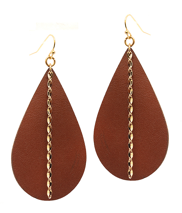 METAL CHAIN AND LEATHERETTE TEARDROP EARRING