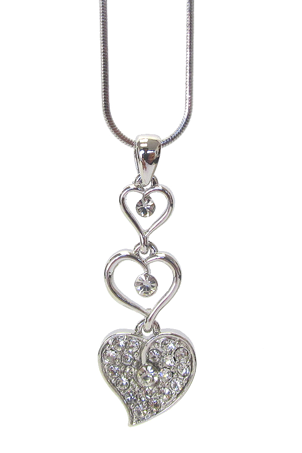 WHITEGOLD PLATING CRYSTAL TRIPLE HEART DROP PENDANT NECKLACE -valentine