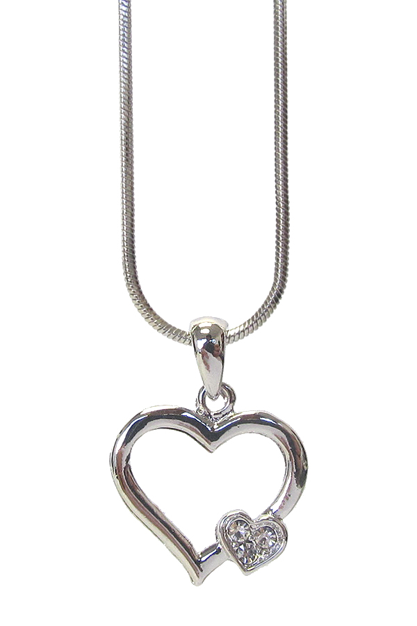 WHITEGOLD PLATING CRYSTAL DOUBLE HEART PENDANT NECKLACE -valentine