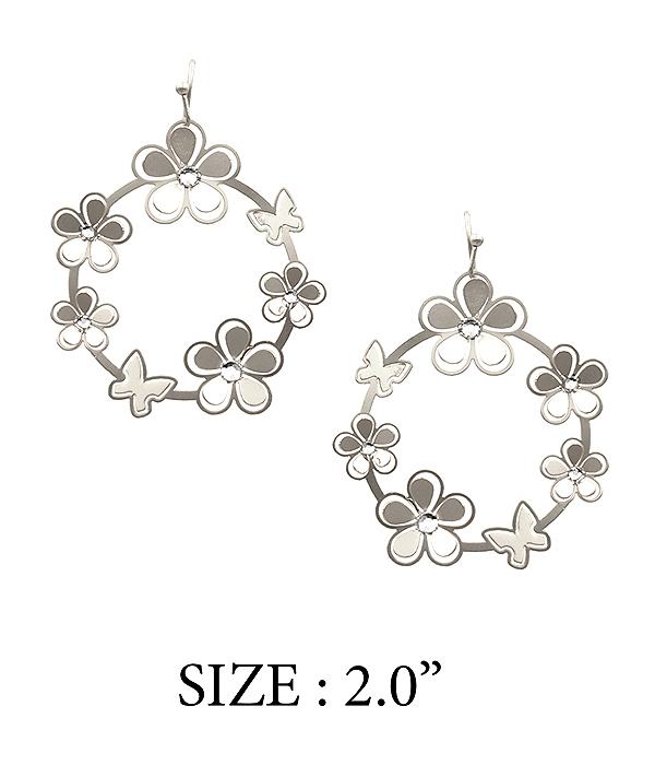Garden theme metal hoop earring - flower and butterfly