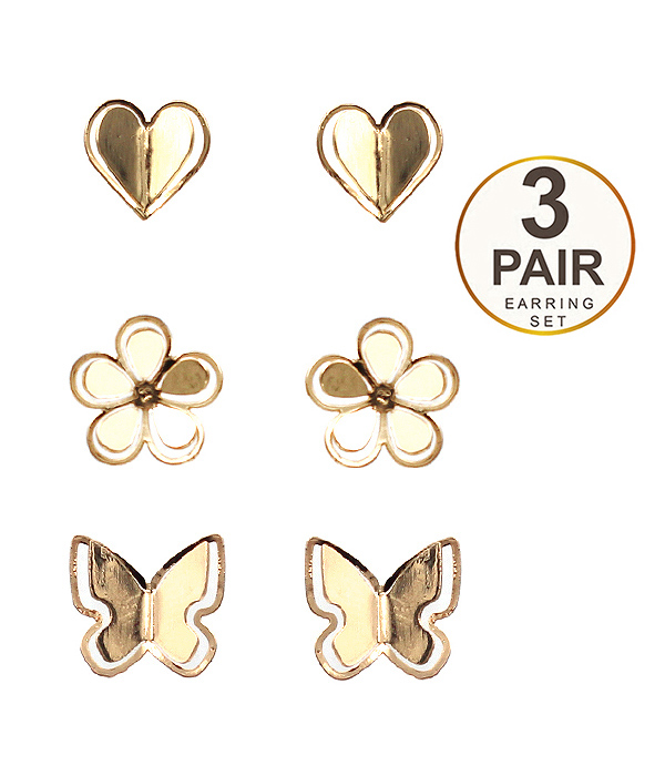 GARDEN THEME 3 PAIR EARRING SET - BUTTERFLY FLOWER AND HEART