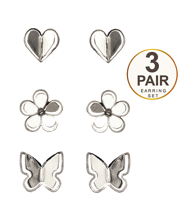 GARDEN THEME 3 PAIR EARRING SET - BUTTERFLY FLOWER AND HEART