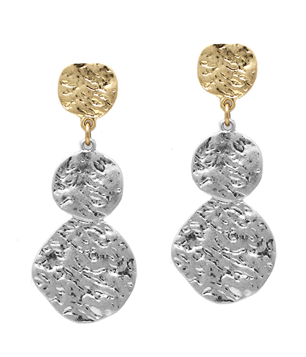 TEXTURED MULTI METAL DISC DROP EARRING