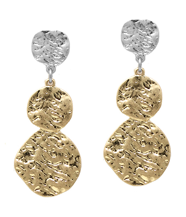 TEXTURED MULTI METAL DISC DROP EARRING