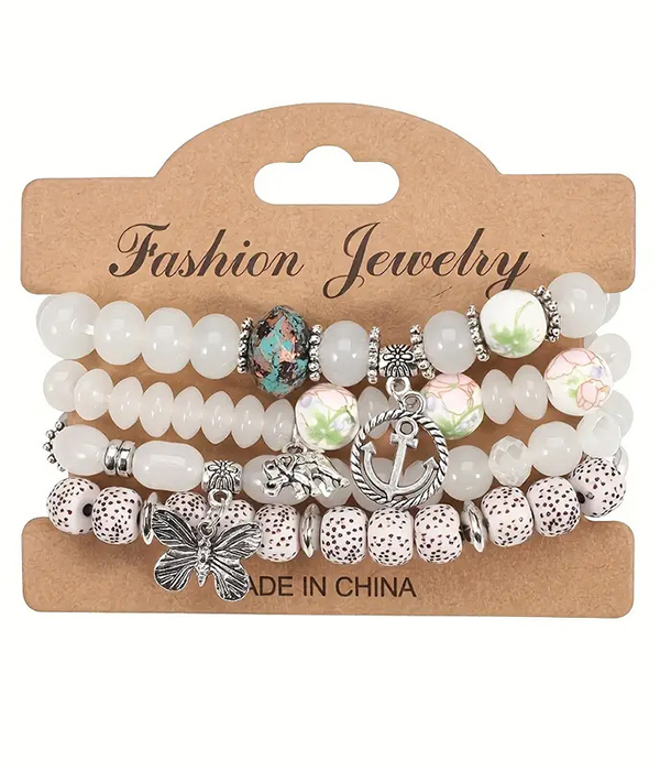 Multi mix bead stackable 4 stretch bracelet set - anchor butterfly elephant