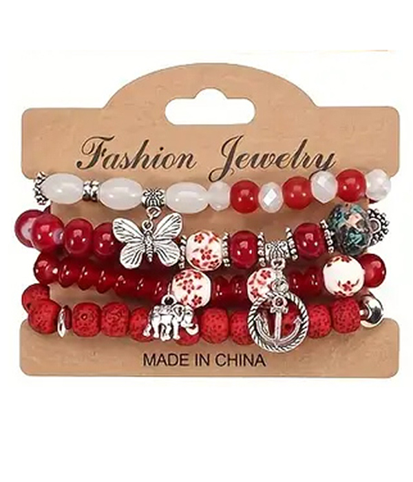 Multi mix bead stackable 4 stretch bracelet set - anchor butterfly elephant