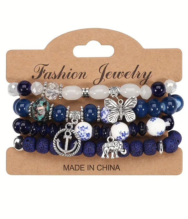 Multi mix bead stackable 4 stretch bracelet set - anchor butterfly elephant