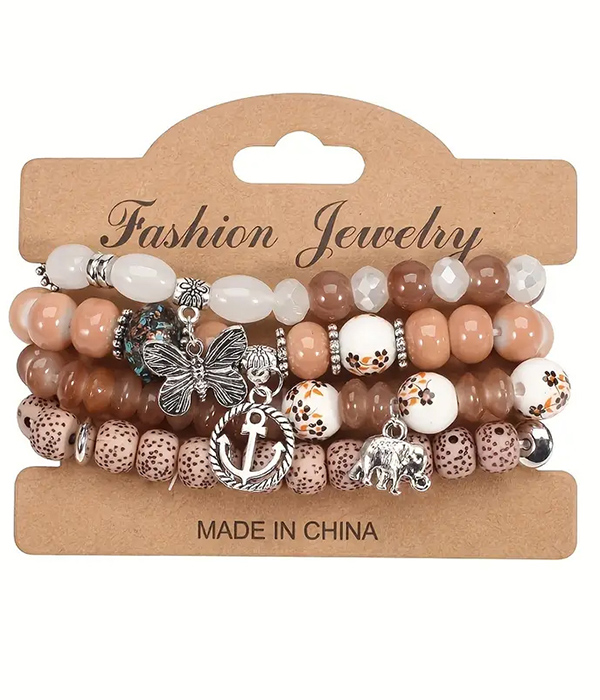 Multi mix bead stackable 4 stretch bracelet set - anchor butterfly elephant