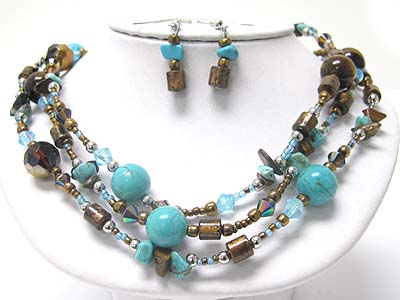 Multi strand turquoise ball and mixed natural chip stone necklace earring set