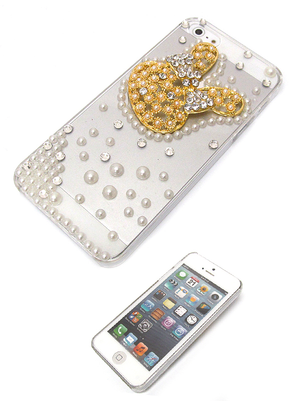 Multi pearls and metal crystal rabbit head on cellphone case - hard case for iphone 5