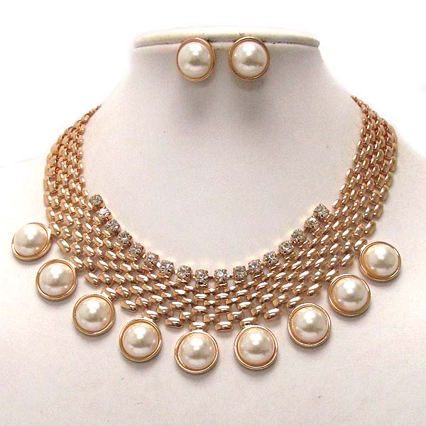 Crystal metal chain look drop multi dangle pearl necklace earring set