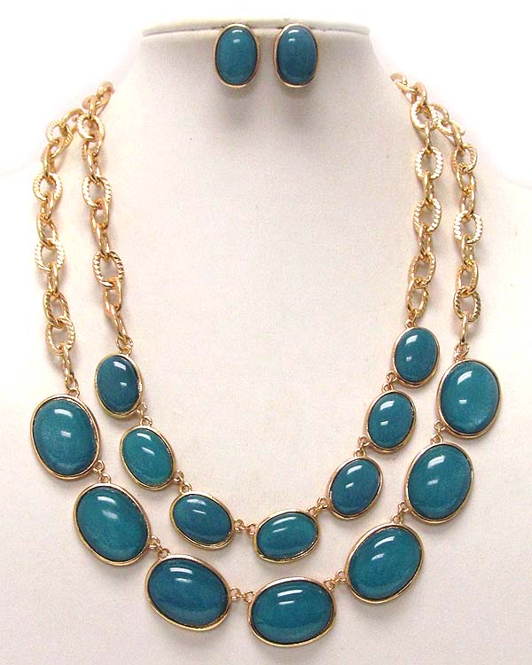 Two layer multi conetted acryl oval stone drop chain necklace earring set