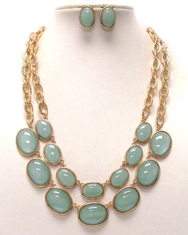 Two layer multi conetted acryl oval stone drop chain necklace earring set